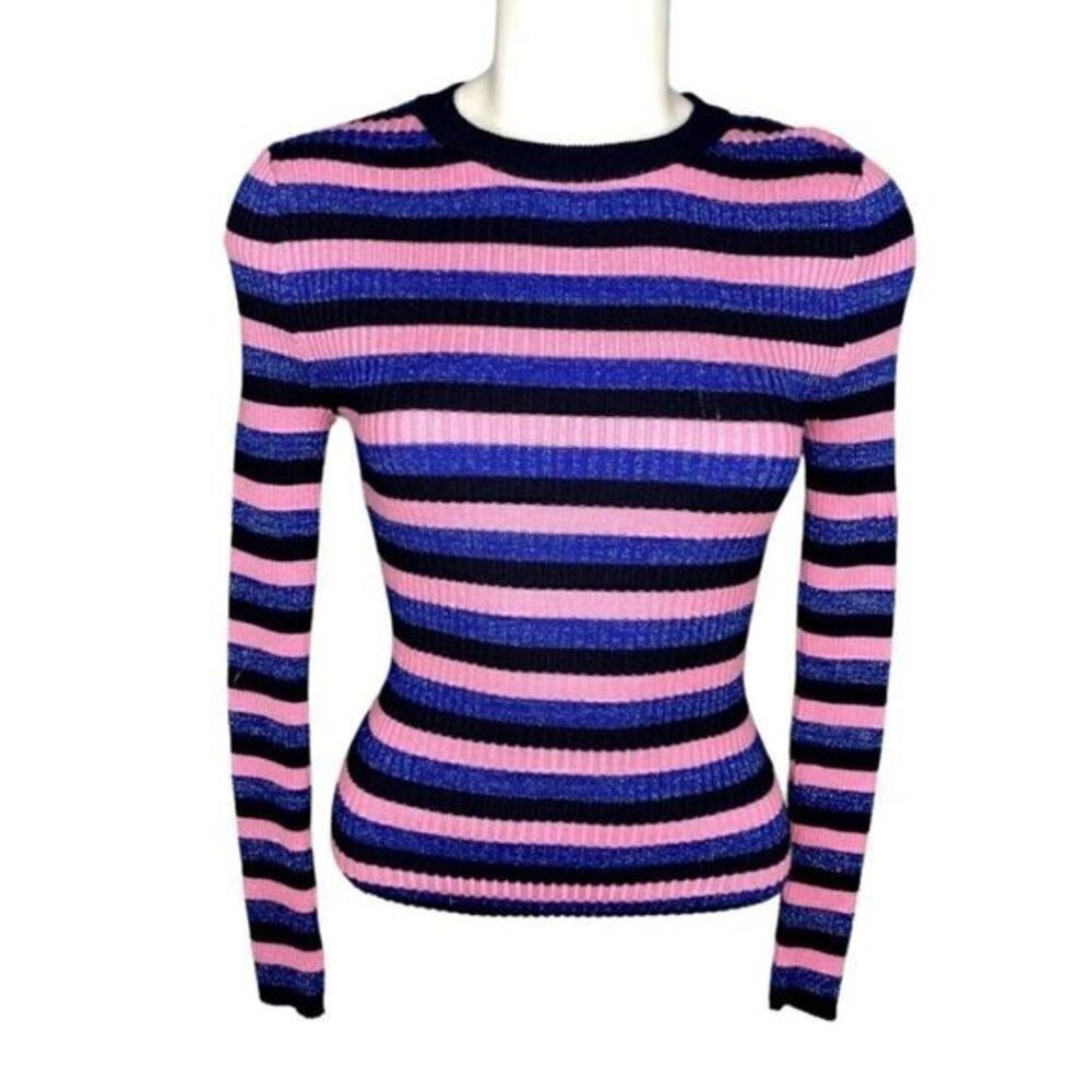 Hooked‎ Up Womens Ribbed Metallic Striped Crew Neck Sweater Pink Blue B134-22
